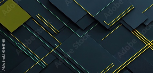 Christmas banner using navy blue and dark olive green blocks, mustard yellow and bright aqua lines, abstract geometric layout with light grey accents