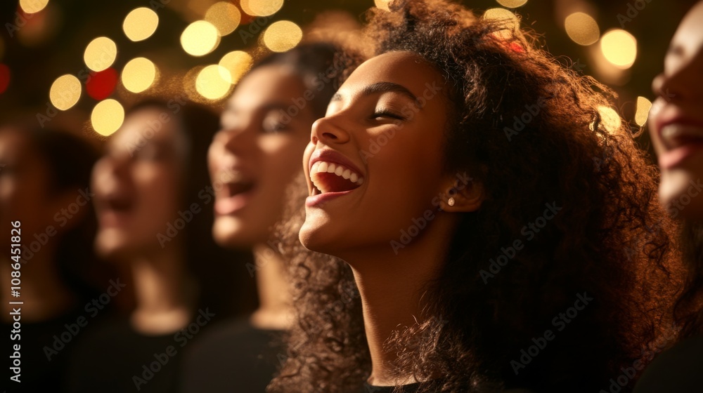 Joyful Young Woman Singing in a Choir with Christmas Lights and Warm Bokeh Background Creating a Festive Atmosphere Joyful Young Woman Singing in a Choir with Christmas Lights and Warm Bokeh Background Creating a Festive Atmosphere