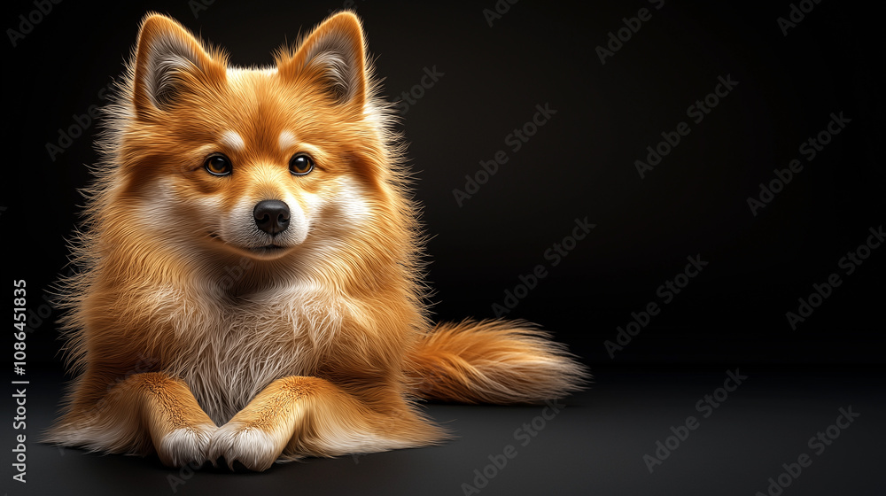 Naklejka premium Fluffy golden dog resting on dark background, exuding warmth and charm