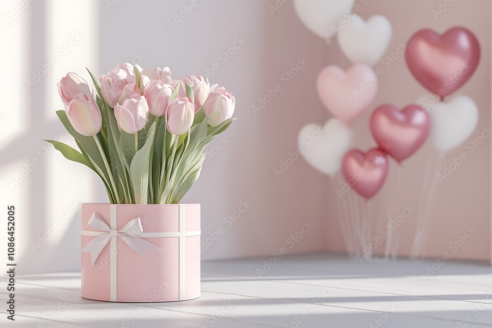 A pink gift box with a ribbon, next to it is an elegant bouquet of tulips in pastel colors and heart-shaped balloons in the background. A pink gift box with a ribbon, next to it is an elegant bouquet of tulips in pastel colors and heart-shaped balloons in the background.