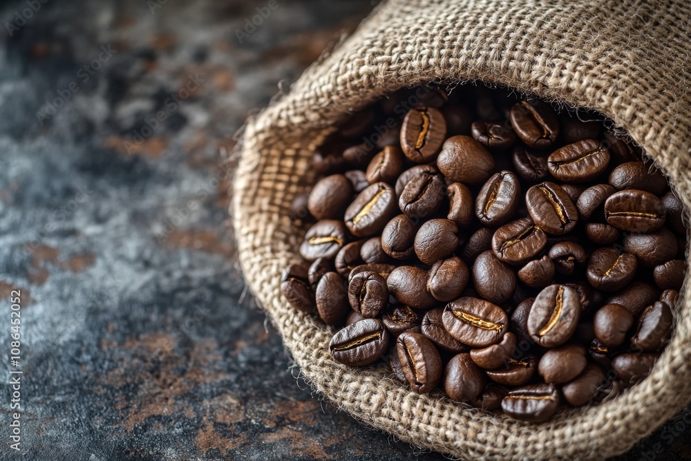 Fototapeta premium Roasted coffee beans spilling from burlap sack.