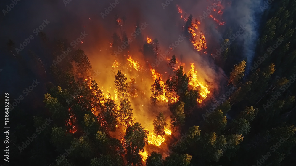 Aerial view of a fire burning in the forest Aerial view of a fire burning in the forest