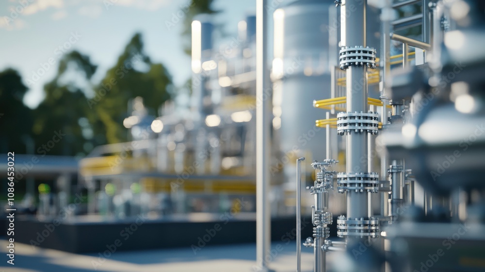 Industrial facility with pipes and machinery in focus. Industrial facility with pipes and machinery in focus.