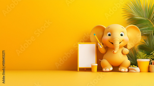 cheerful elephant holding pencil in bright yellow setting