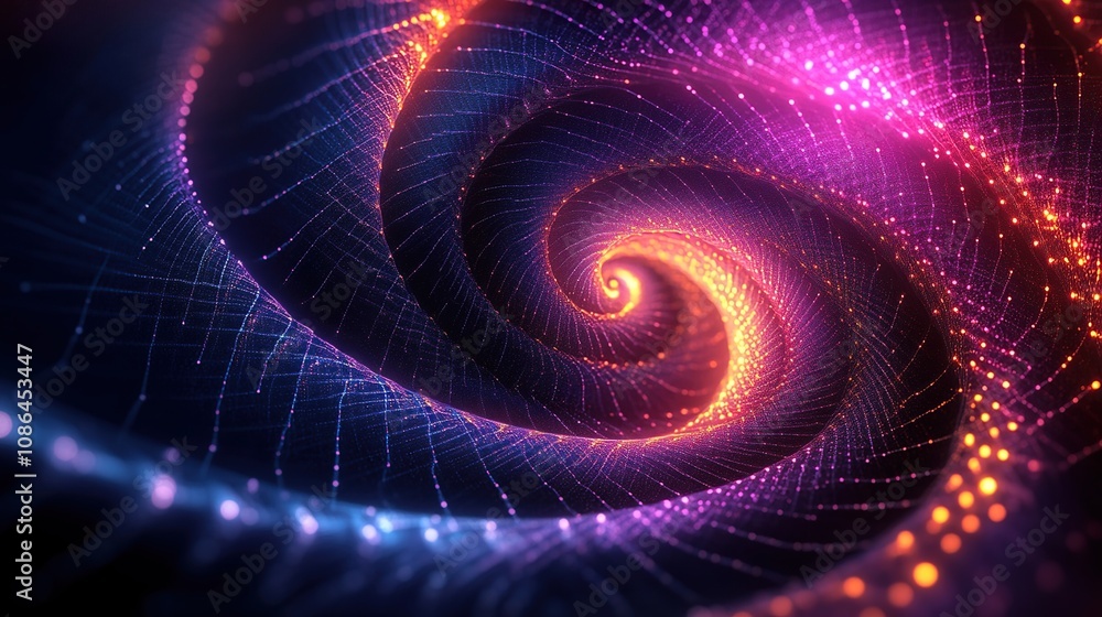A vibrant, swirling abstract design with glowing particles in a spiral formation. A vibrant, swirling abstract design with glowing particles in a spiral formation.