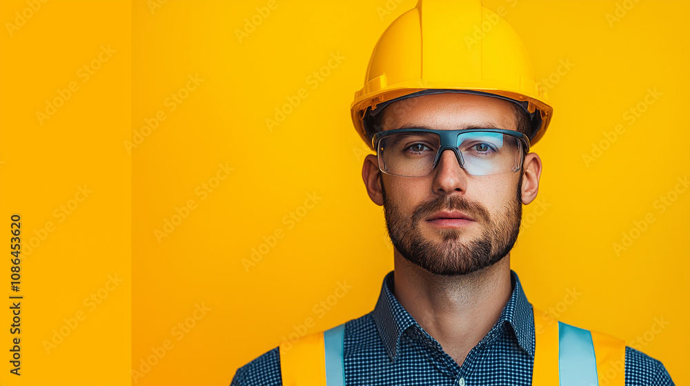 Professional man in safety gear with yellow background Professional man in safety gear with yellow background
