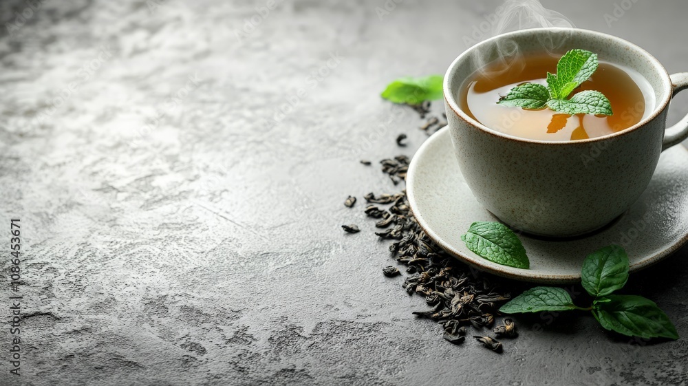 A freshly brewed cup of tea with a sprig of mint, steam rising softly, set on gray background A freshly brewed cup of tea with a sprig of mint, steam rising softly, set on gray background