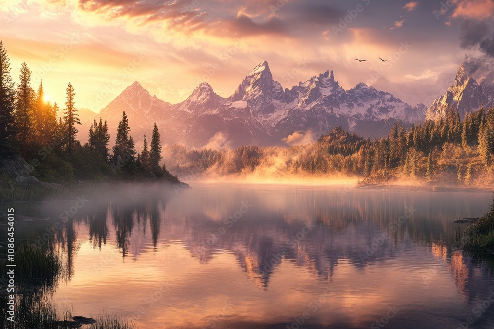 Misty Sunrise Over a Tranquil Lake and Mountain Range Misty Sunrise Over a Tranquil Lake and Mountain Range