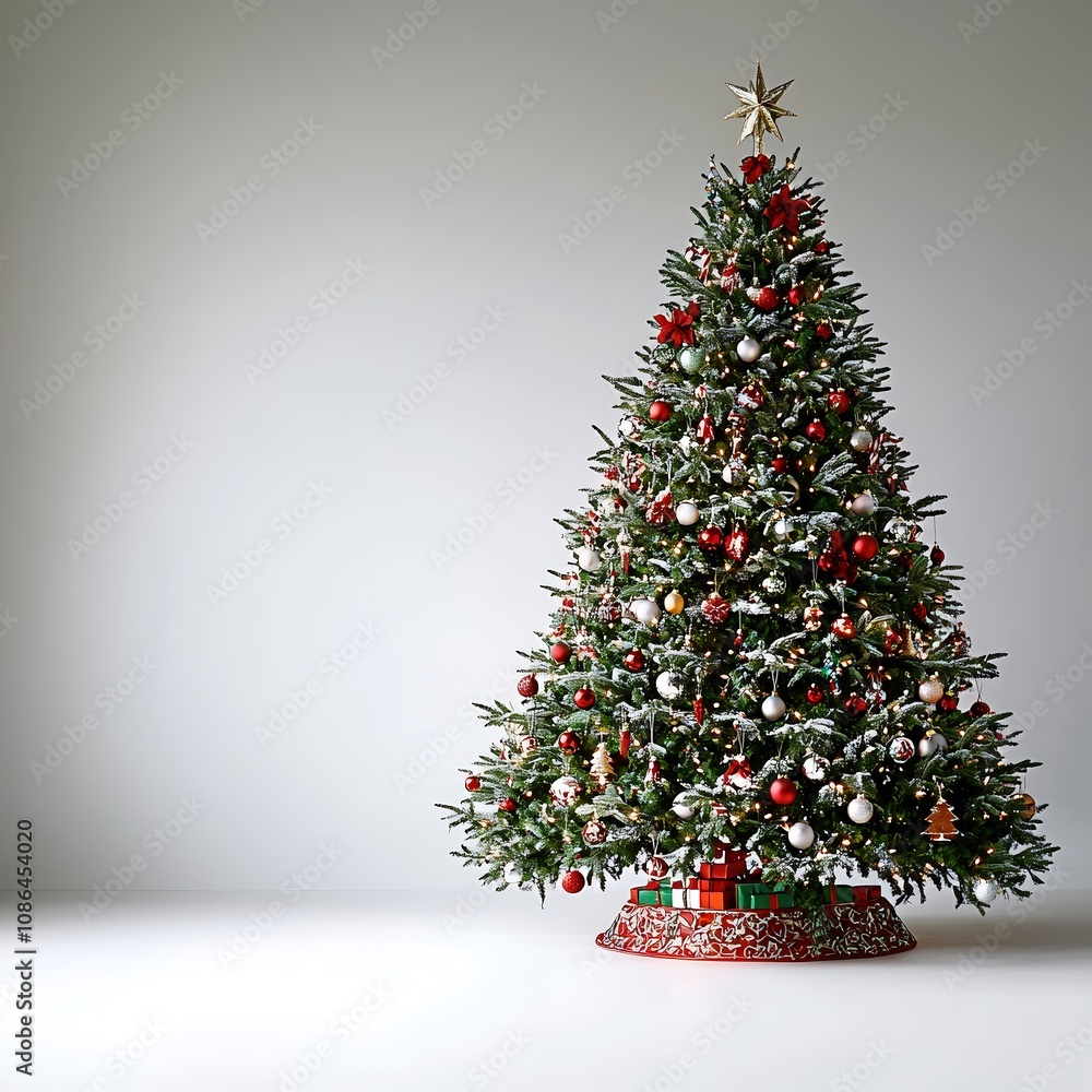 A classic Christmas tree design showcasing rich garlands, festive baubles, and an ornate tree skirt. The perfectly arranged decorations radiate warmth and holiday cheer, all captured with meticulous A classic Christmas tree design showcasing rich garlands, festive baubles, and an ornate tree skirt. The perfectly arranged decorations radiate warmth and holiday cheer, all captured with meticulous