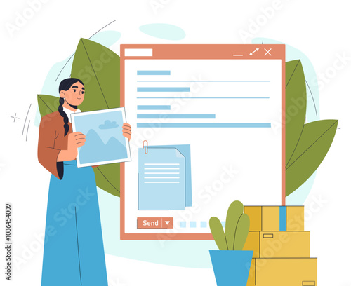 Woman sending files. Young girl with picture near website page. Corporate certificate. Manager and businesswoman with electronic mail. Flat vector illustration isolated on white background