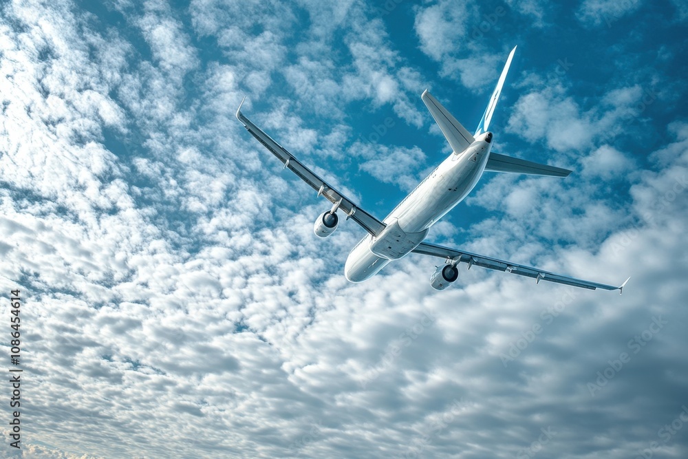 Obraz premium White airplane taking off against a blue sky with white clouds.