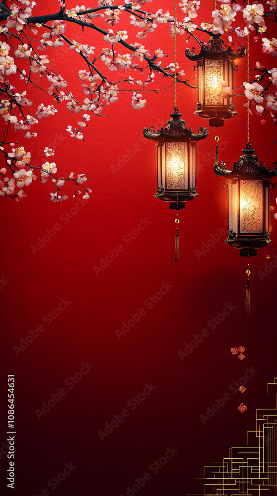 A serene image of cherry blossoms and glowing lanterns on a rich red background, perfect for Lunar New Year or festive celebrations, evoking warmth and prosperity. A serene image of cherry blossoms and glowing lanterns on a rich red background, perfect for Lunar New Year or festive celebrations, evoking warmth and prosperity.