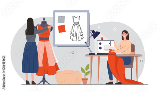 People in sewing room. Women sew dresses with sewing machine and needles. Handicraft garment and apparel. Hobby and leisure. Flat vector illustration isolated on white background