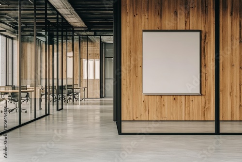 Modern office hallway with a large blank poster on a wood wall.