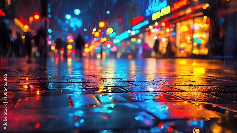 Fototapeta premium A photograph of a city street after rain, with reflections on the wet pavement, neon lights reflecting in the puddles