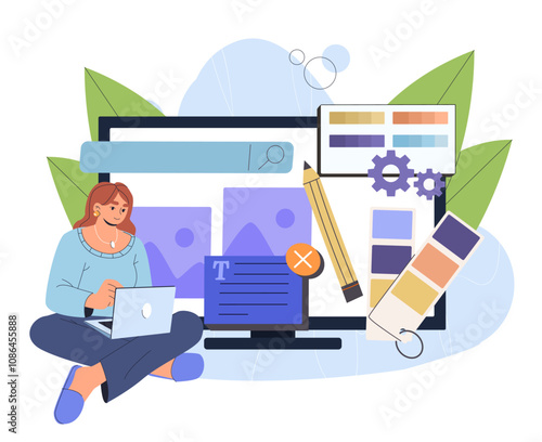 Woman developing website. Young girl with laptop develops ui and ux design for web page. Webpage development and user experiments. Flat vector illustration isolated on white background