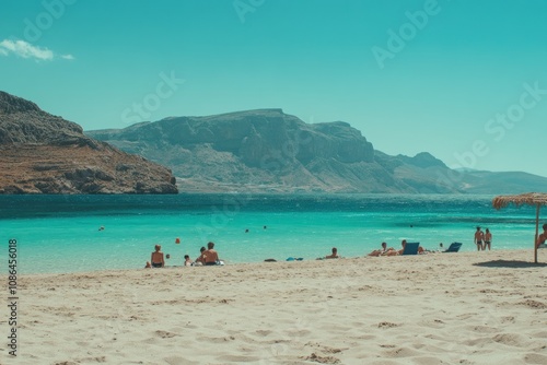 People relax on a beautiful white sand beach with turquoise water and mountains in the distance.