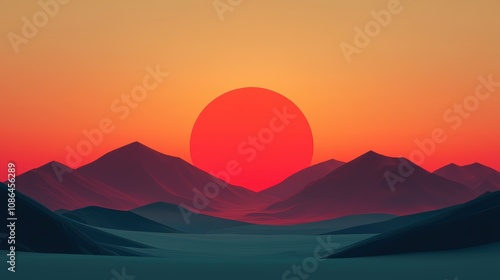 Serene Sunset Landscape Mountains Horizon Red Sun Minimalist Artwork