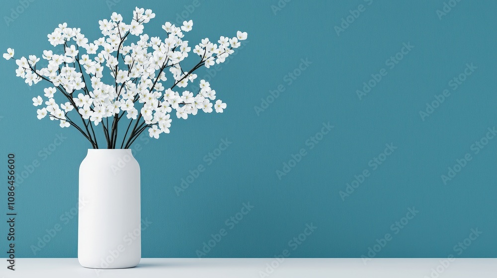 White Blossoms in Minimalist Vase Teal Background Spring Flowers White Blossoms in Minimalist Vase Teal Background Spring Flowers