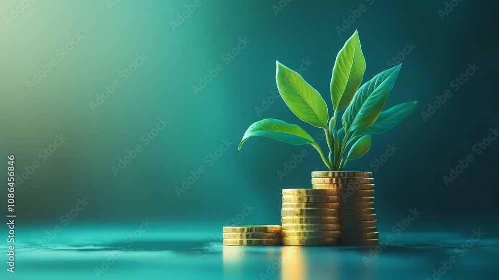 A sprouting green plant emerging from a stack of golden coins vibrant green and blue background A sprouting green plant emerging from a stack of golden coins vibrant green and blue background