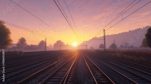 Serene Sunrise Over Train Tracks Surrounded by Nature's Beauty, Capturing the Tranquility of Early Morning Light and Atmospheric Perspective on the Railroad