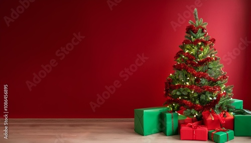 Indoor photo of realistic red Christmas tree with some blinkers and green wrapped gifts under the tree on a red empty room, all same tone of green at left side with empty background