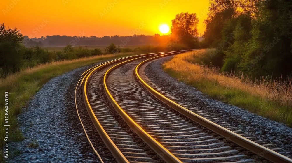 Fototapeta premium Serene Sunset Over Curving Railroad Tracks Surrounded by Lush Greenery and Golden Light on a Warm Evening in Nature
