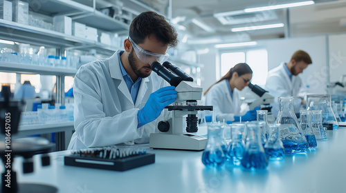 Laboratory researchers examining samples under microscope in biotech lab