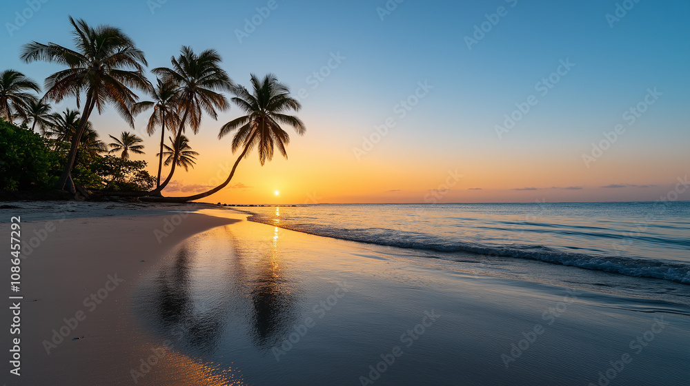 Fototapeta premium Serene ocean beach at sunset with golden reflections and palm trees