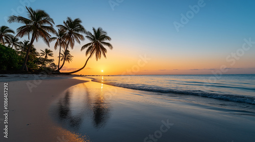 Serene ocean beach at sunset with golden reflections and palm trees