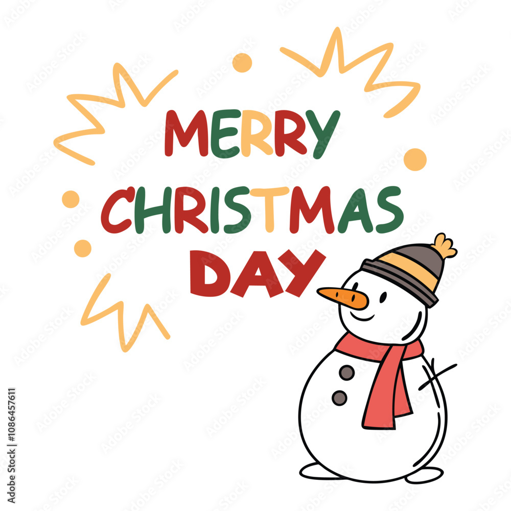 Merry Christmas day text with snowman, leaves, and many ornaments, vector illustration, isolated on white background. Merry Christmas day text with snowman, leaves, and many ornaments, vector illustration, isolated on white background.