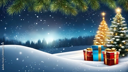 Christmas Tree On Snow At Night With Shining Star And Gift Boxes In Snowy Forest - Winter Abstract Landscape