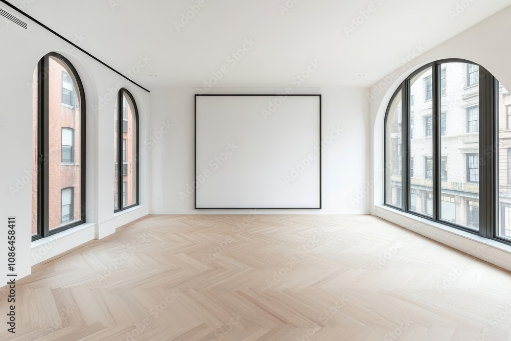 Obraz premium A spacious, modern room with large arched windows, white walls, and hardwood floors. The room is empty, perfect for showcasing furniture, art, or other decor.