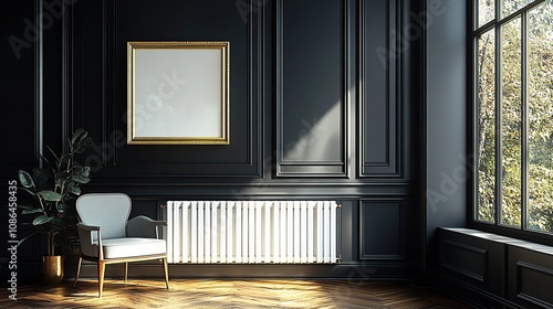 A classic black wall with white vertical central panel wall radiators, a gold picture frame on the wall