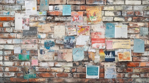 Old grunge brick wall with postcards and stickers. Vintage background.