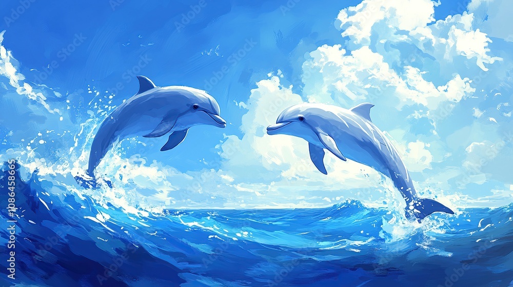 Fototapeta premium Two dolphins playfully jumping above ocean waves under a bright blue sky.