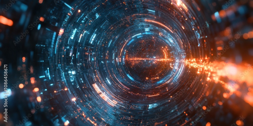 Obraz premium Abstract futuristic background with glowing blue and orange light streaks.