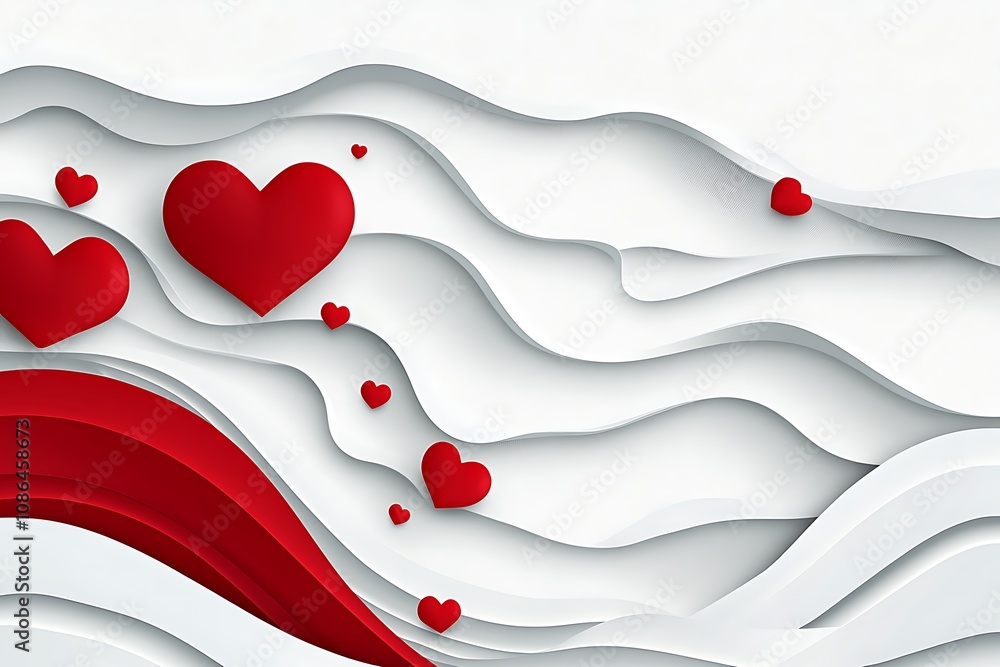Valentine's Day background with a white heart and red ribbon on a red background with many small hearts. Vector illustration of a love concept for a design element Valentine's Day background with a white heart and red ribbon on a red background with many small hearts. Vector illustration of a love concept for a design element