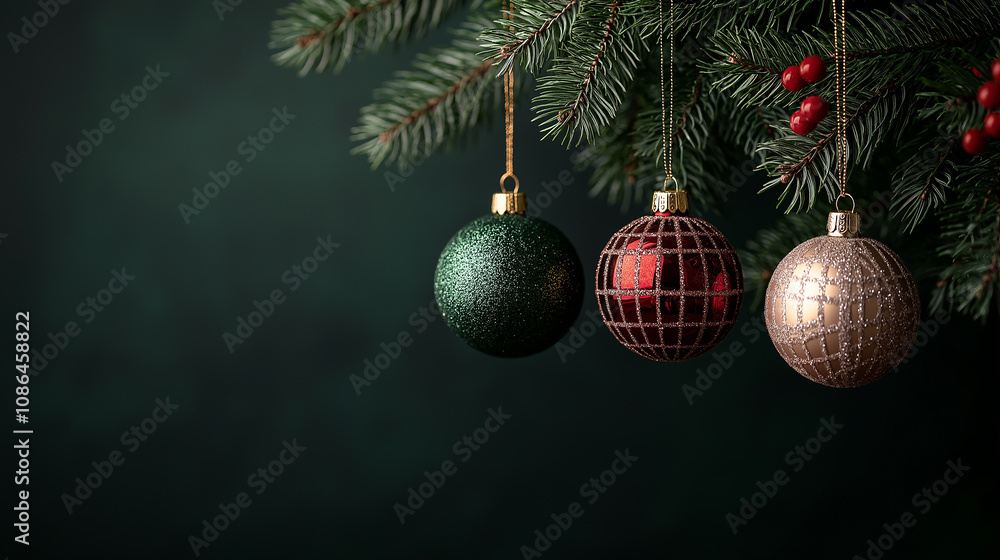 Fototapeta premium Close up of Christmas ornaments hanging on tree branch, festive mood