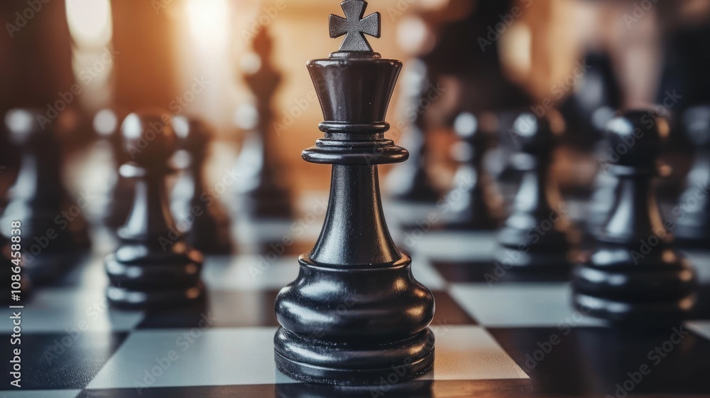 Illustration of a black king chess piece standing in front on a chessboard. Ai generated image Illustration of a black king chess piece standing in front on a chessboard. Ai generated image