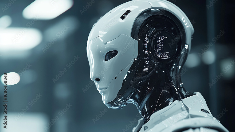 The humanoid robot stands elegantly with a sleek white exterior and detailed circuitry visible The humanoid robot stands elegantly with a sleek white exterior and detailed circuitry visible