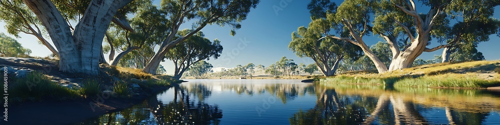 Peaceful riverbank with Australian gum trees and sparkling water reflecting clear skies , Peaceful riverbank with Australian gum trees and sparkling water reflecting clear skies ,