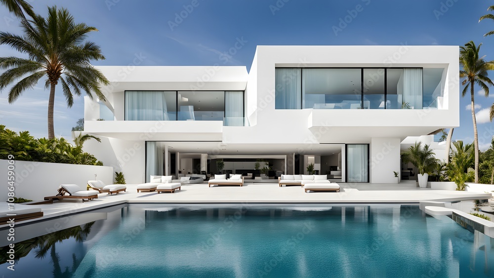 Fototapeta premium Luxury modern villa with white walls infinity pool and palm trees, AI Generated