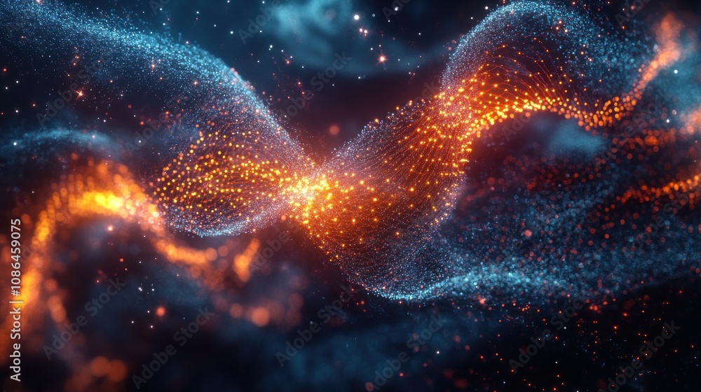 Here's a possible and keyword list for your image.. Abstract glowing particles swirling in a cosmic dance. Here's a possible and keyword list for your image.. Abstract glowing particles swirling in a cosmic dance.