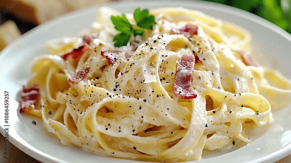 Fettuccine with bacon, cream, and black pepper, a delicious pasta dish on a white plate. Italian cuisine Fettuccine with bacon, cream, and black pepper, a delicious pasta dish on a white plate. Italian cuisine
