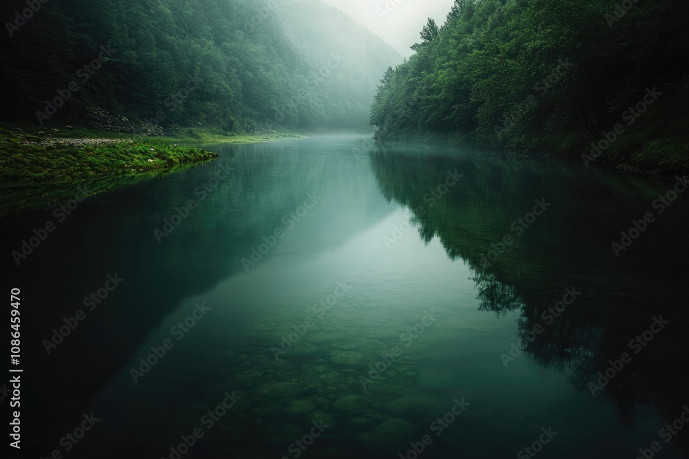 Obraz premium A Serene River Flowing Through a Foggy Forest