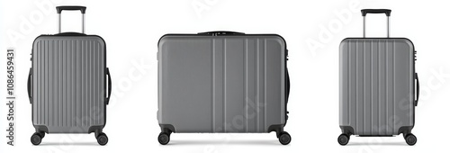 Three grey suitcases with extendable handles and four wheels on a white background. photo