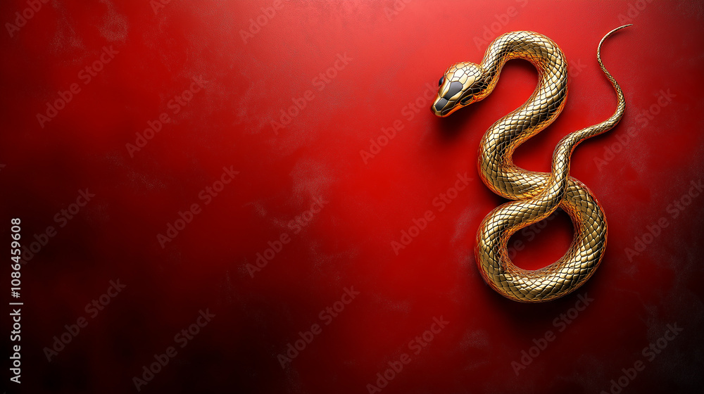 Golden snake illustration on vibrant red background, symbolizing elegance Golden snake illustration on vibrant red background, symbolizing elegance