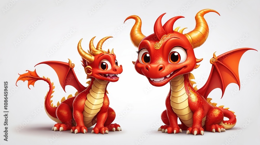 Fototapeta premium Playful red dragon cartoon, featuring large eyes and a cute smile, sitting on a plain white background. 