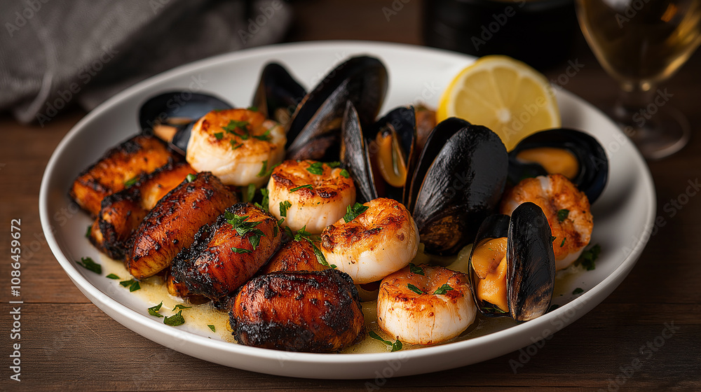 Gourmet seafood dish with grilled scallops and mussels, garnished with lemon Gourmet seafood dish with grilled scallops and mussels, garnished with lemon